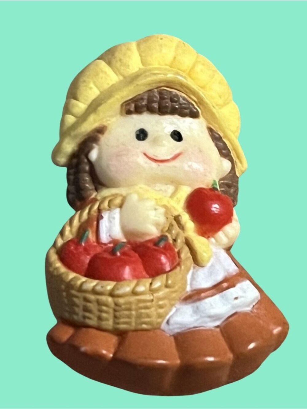 Vintage RUSS Girl With Basket Of Apples Pin Brooch Figurine